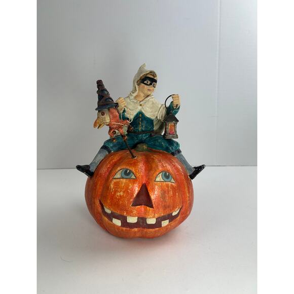 Bethany Lowe Halloween Masked Boy Riding Pumpkin with Lantern Figurine - Picture 1 of 8